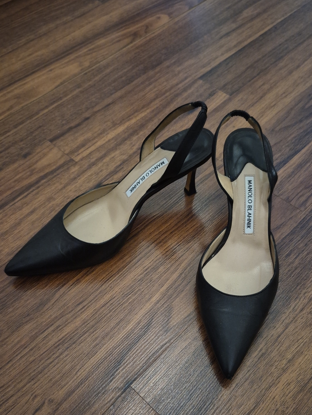 Manolo Blahnik Black Leather Pointed Slingback Heels